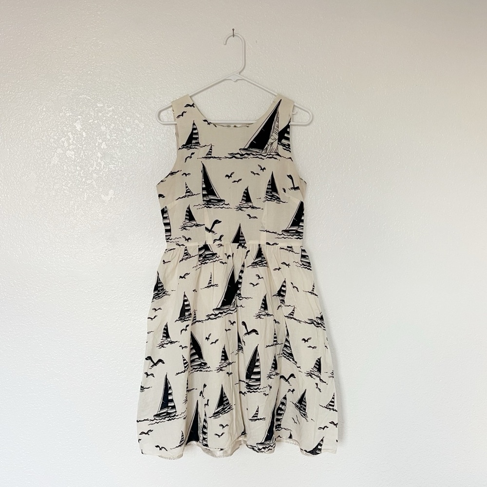 Ruby Belle Sailboat Print Dress Sleeveless Sailor Vintage Pattern Ivory Black 10